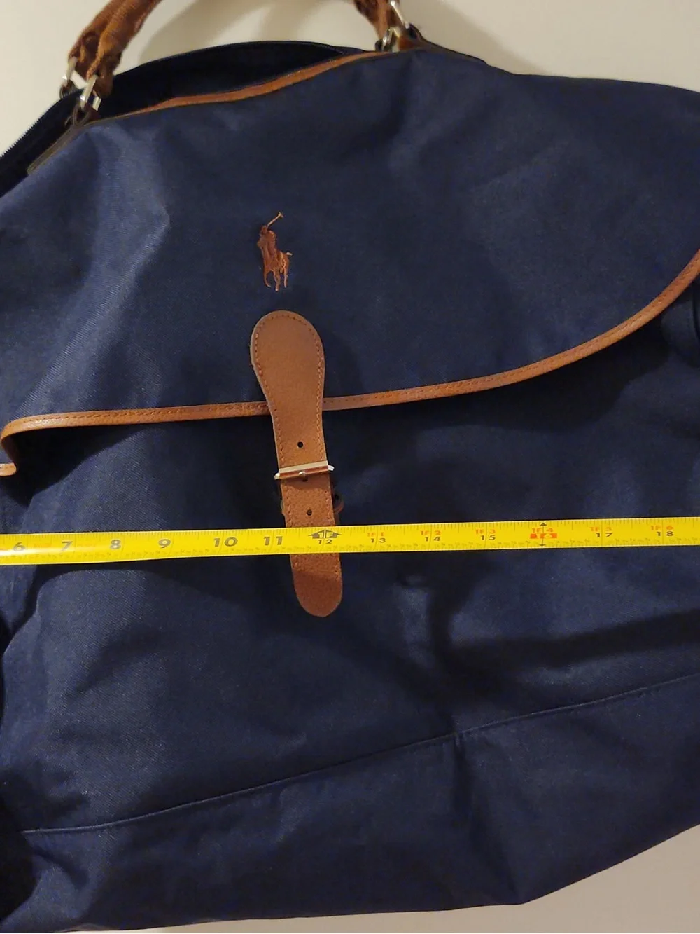 Ralph Lauren Navy Canvas Duffel with Brown Leather Trim- no shoulder strap